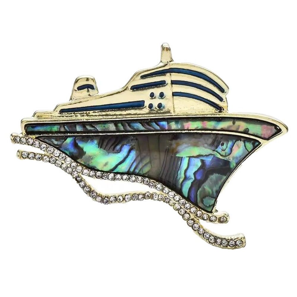 Abalone Shell Cruise Ship Brooch Rhinestone Nautical Boat Vacation Pin